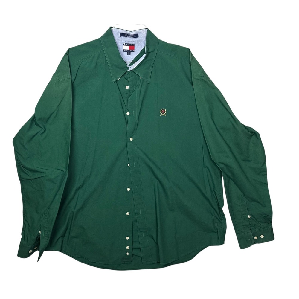 Tommy Hilfiger Mens Shirt XXL Green Long Sleeve Button Down Cotton Twill Crest